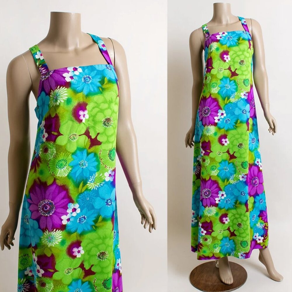 Vintage Hawaiian Maxi Dress Psychedelic Floral Open Back Neon Barkcloth M
